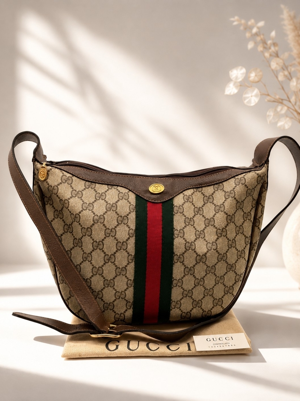 Gucci Sherry Line GG Supreme PVC Leather Brown Shoulder Bag With Dustbag